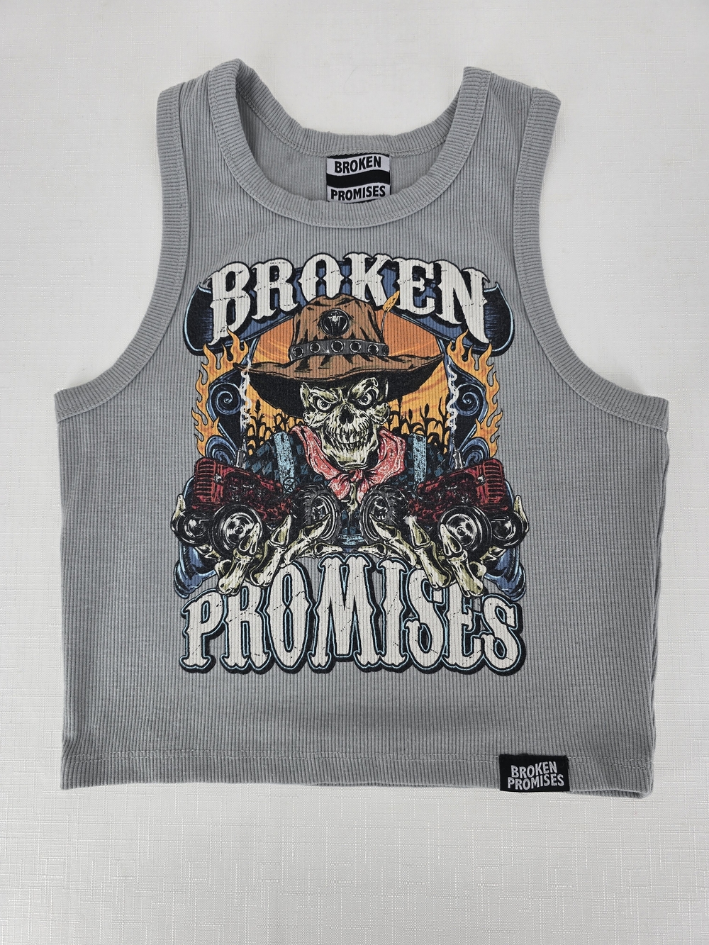 Broken Promises Womens Grey Graphic Ribbed Tank